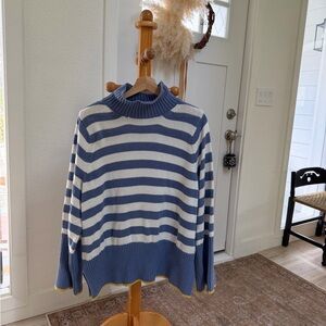 Blue and White Striped Turtleneck Sweater